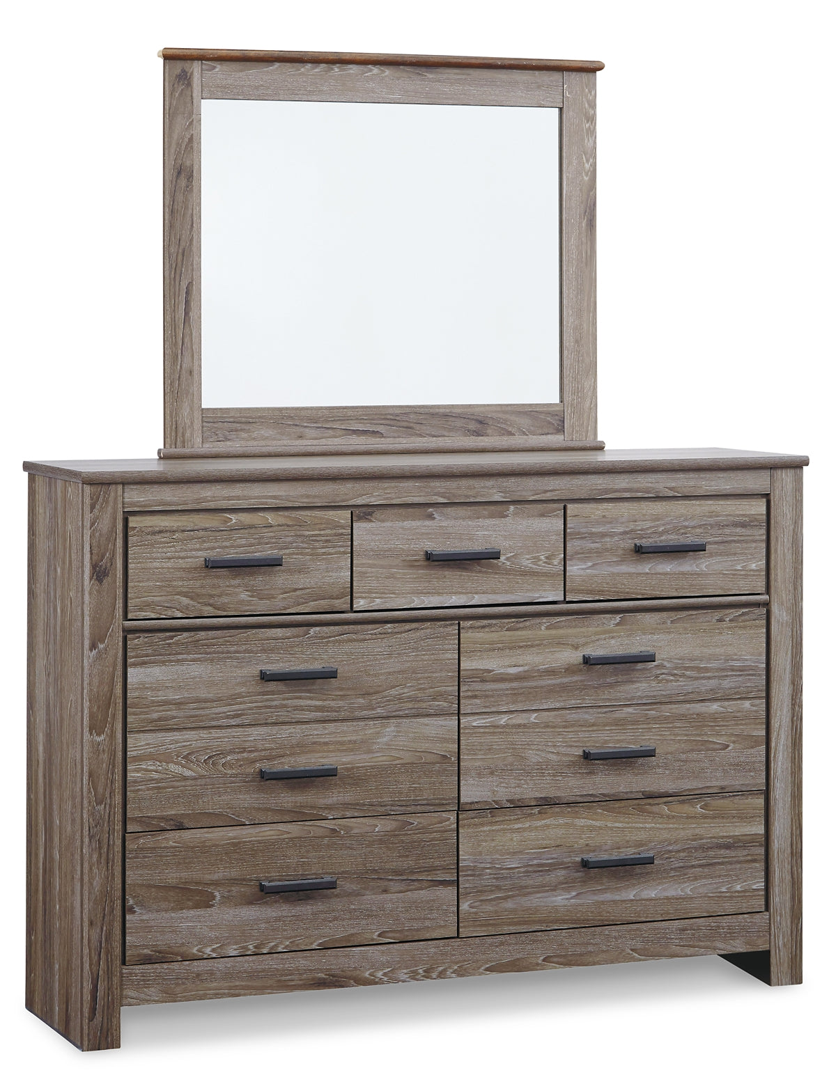 Zelen King Panel Bed with Mirrored Dresser, Chest and 2 Nightstands