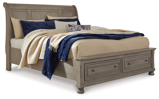 Lettner King Sleigh Bed with 2 Storage Drawers with Mirrored Dresser, Chest and 2 Nightstands