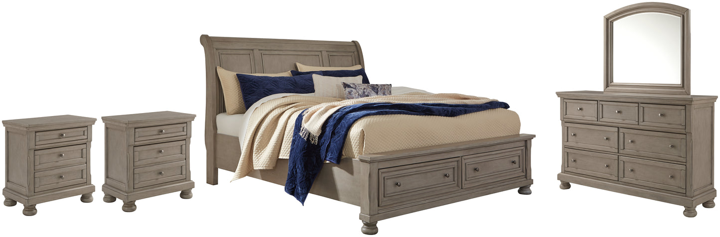 Lettner California King Sleigh Bed with Mirrored Dresser and 2 Nightstands