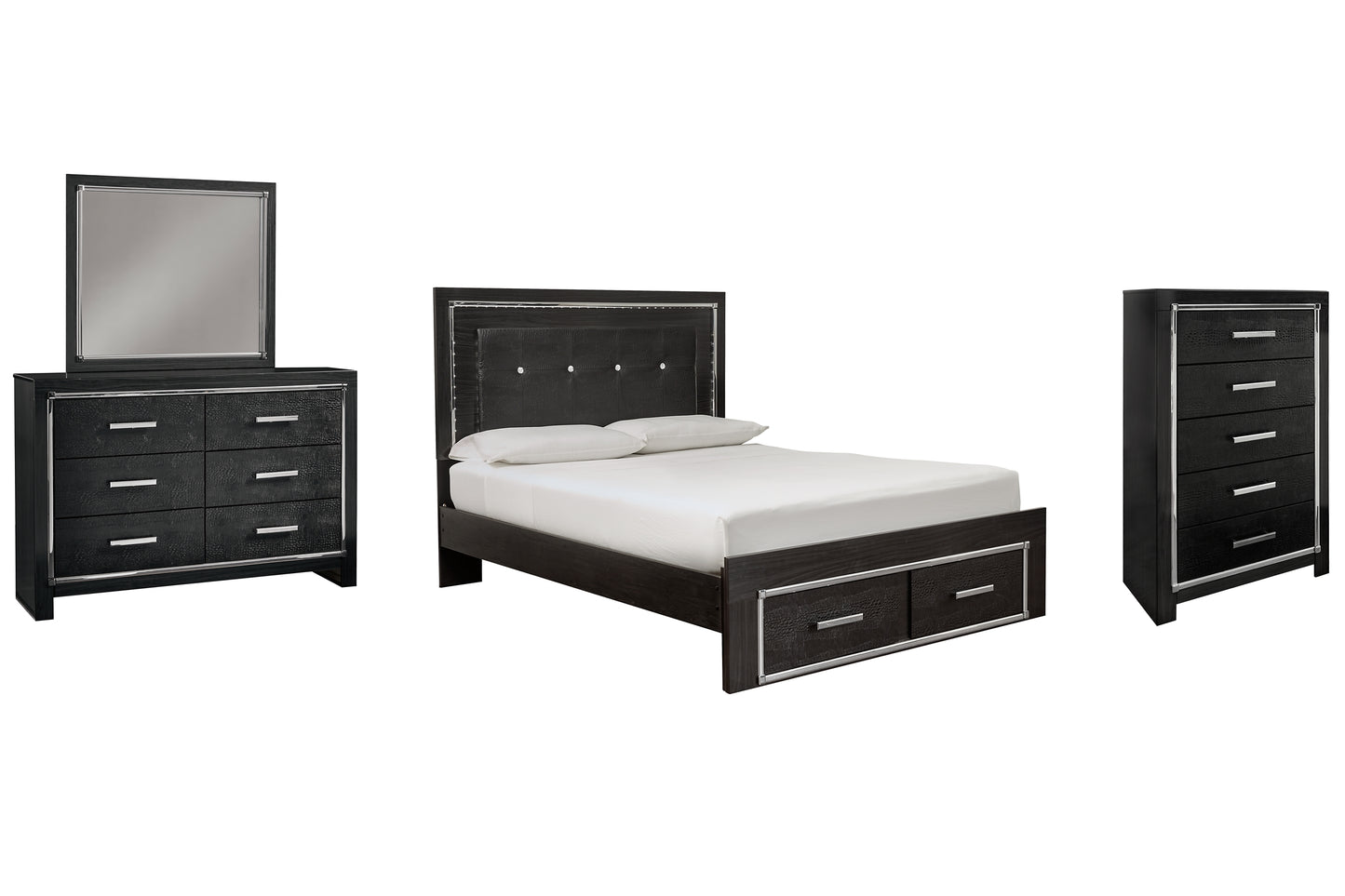 Kaydell Queen Panel Bed with Storage with Mirrored Dresser and Chest