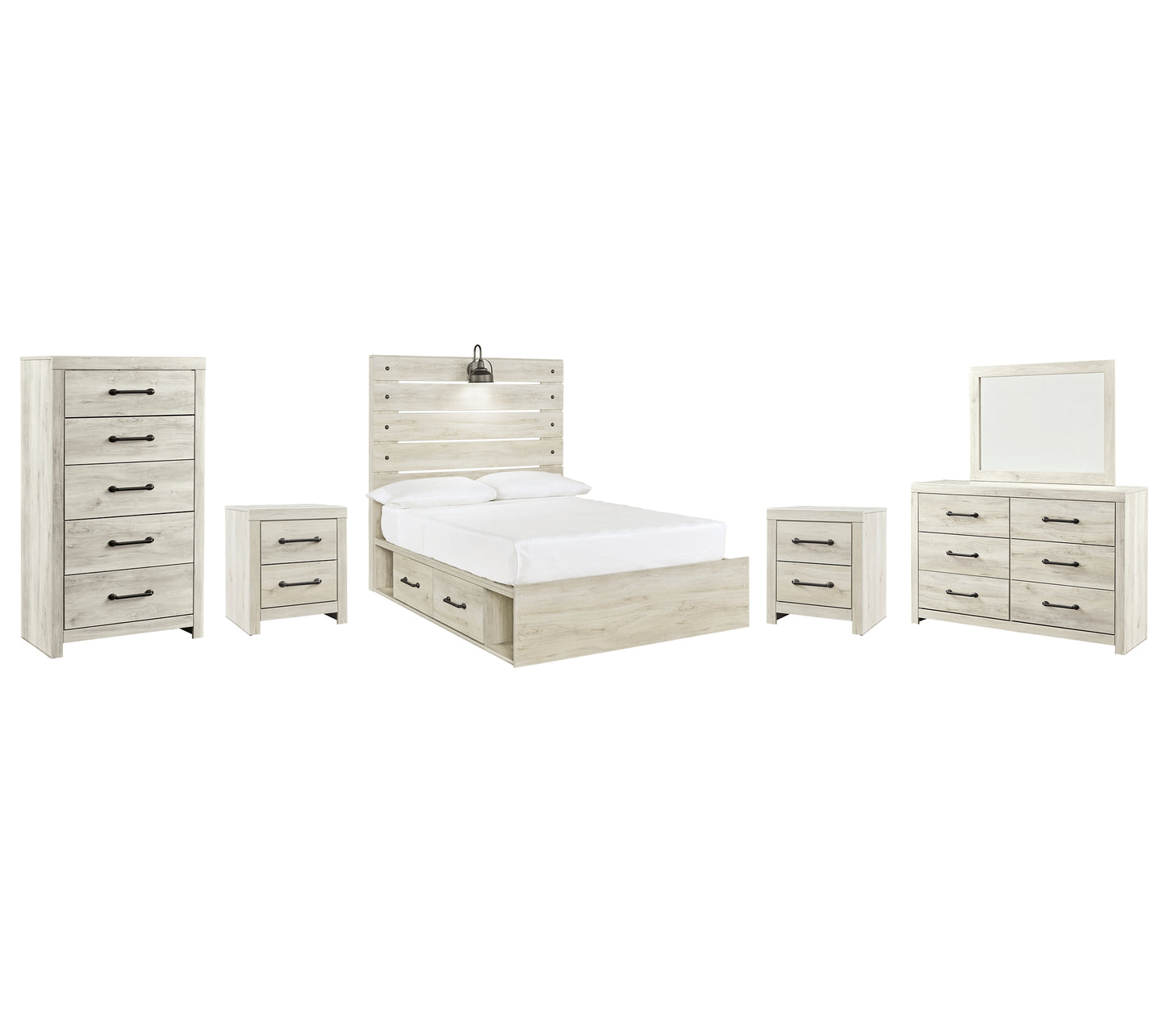 Cambeck  Panel Bed With 4 Storage Drawers With Mirrored Dresser, Chest And 2 Nightstands