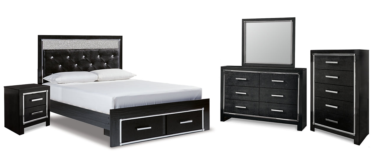 Kaydell Queen Upholstered Panel Storage Bed with Mirrored Dresser, Chest and Nightstand