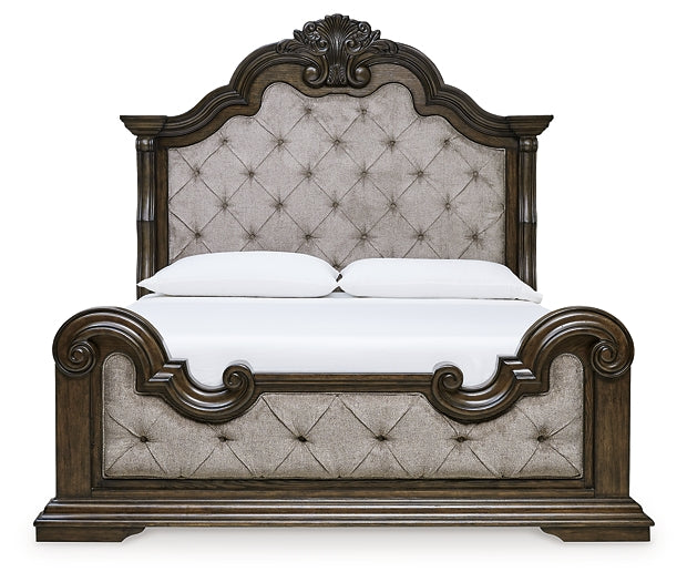 Maylee Queen Upholstered Bed with Mirrored Dresser, Chest and 2 Nightstands