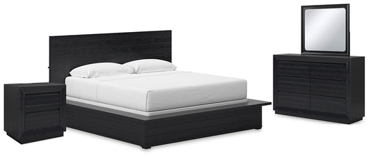 Londer California King Panel Bed with Mirrored Dresser and Nightstand